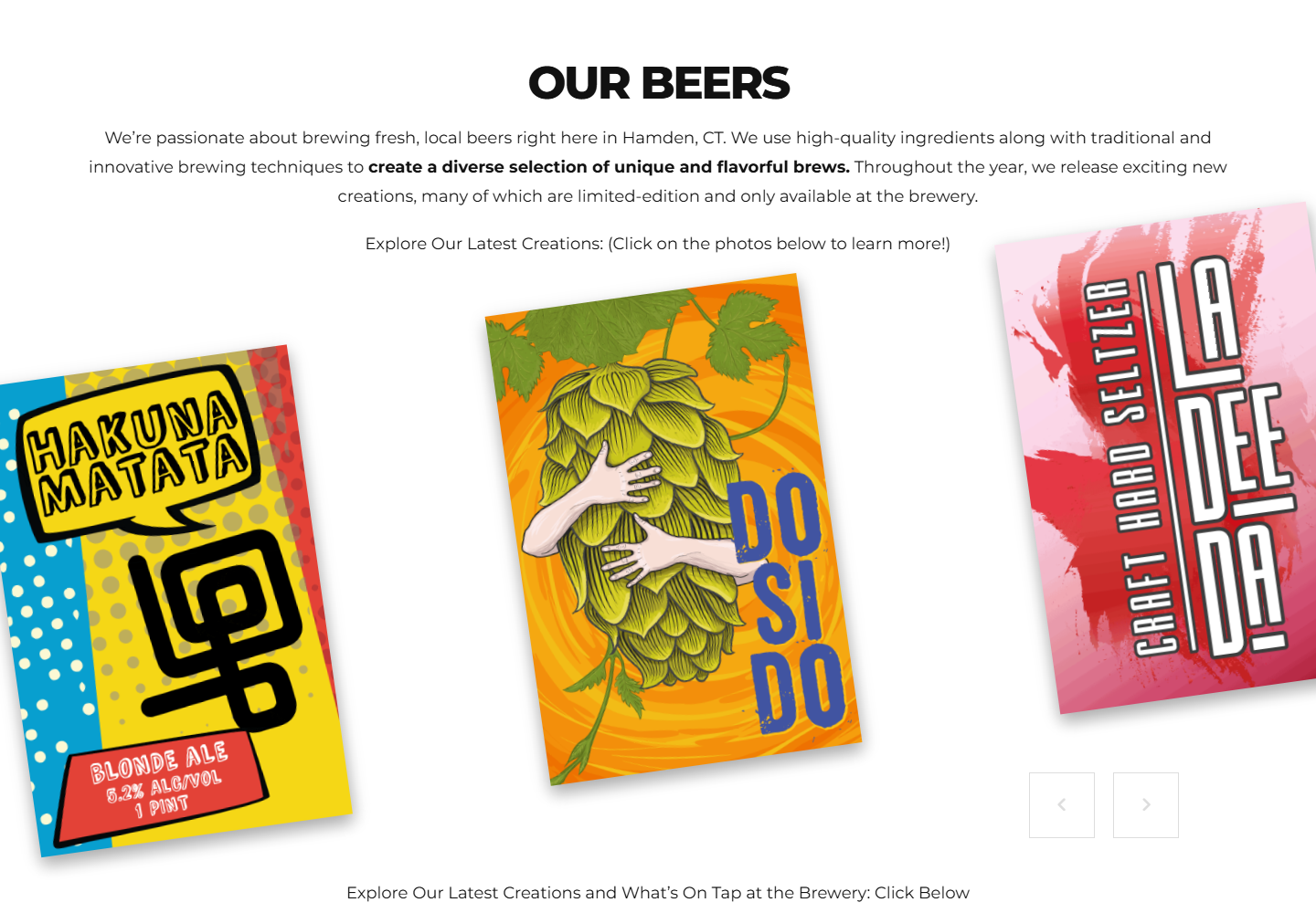 No Worries Beer tap list section, framed as taproom-exclusive pours