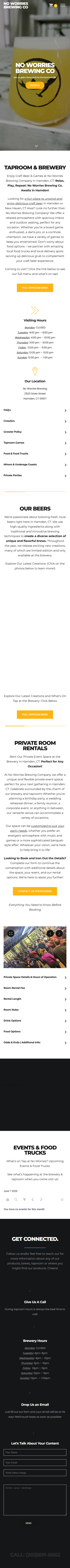No Worries Beer taproom website on mobile — top of the homepage